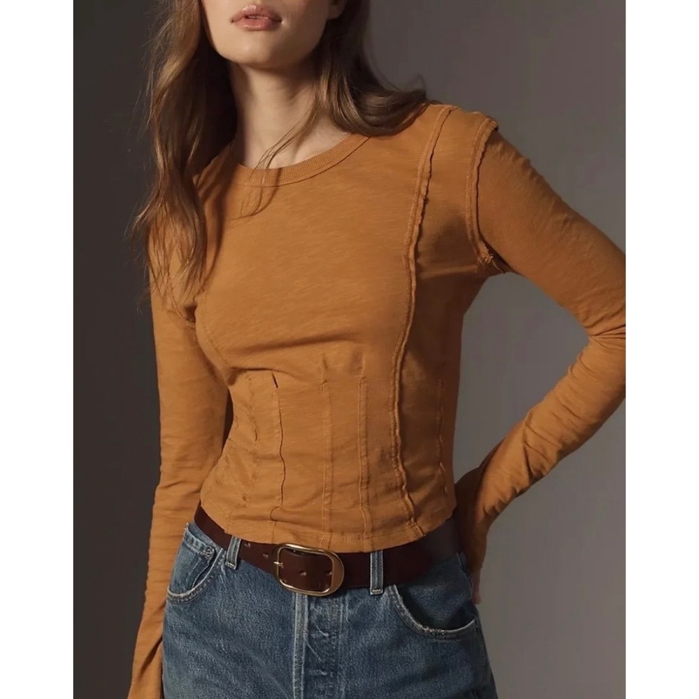 Pilcro Anthropologie Seamed Orange Brown Cotton Pintuck Seam Long Sleeve Top XL